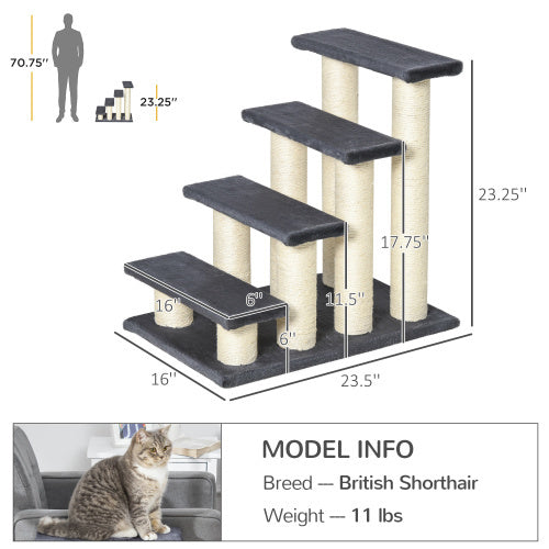 PawHut Cat Tree With 4 Steps For High Beds Couch, Cute Stair Shaped Cat Tree For Indoor Cats Or Dogs W Sisal Scratching Post, Climbing, Playing, Gray