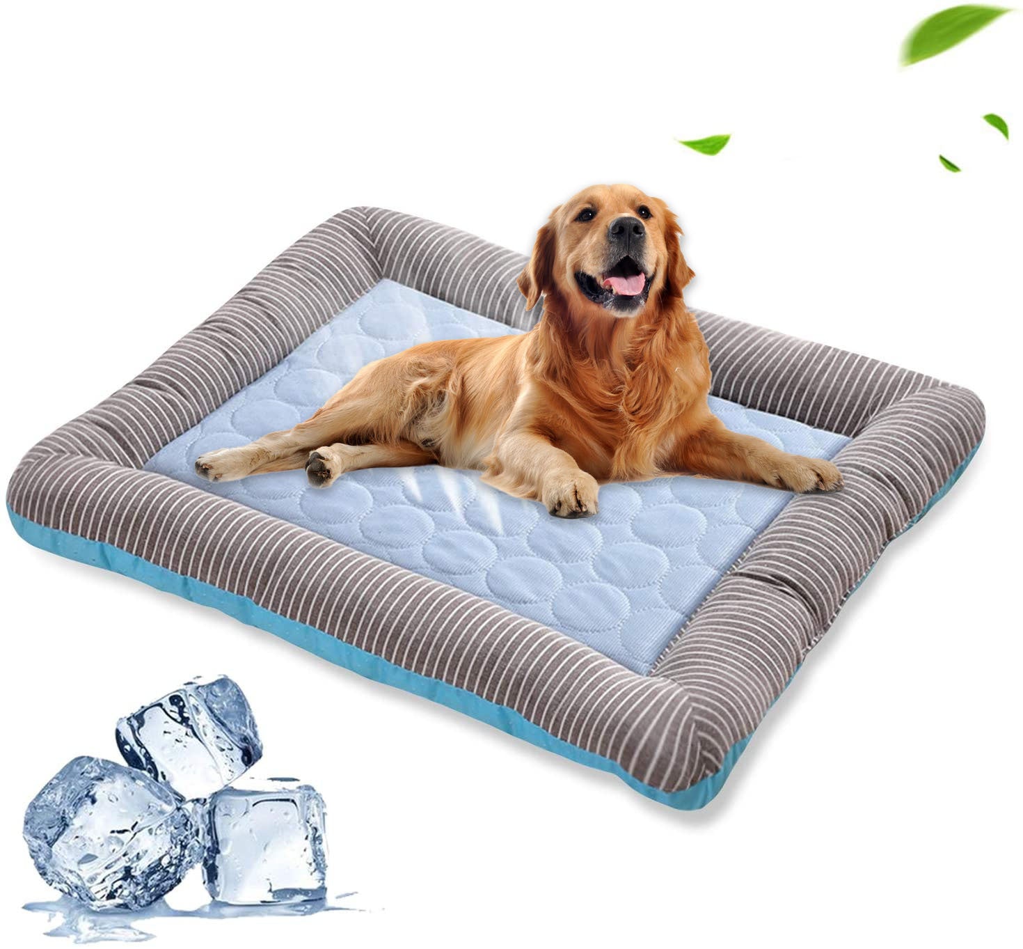 Large dog resting on pressure-activated cooling pad bed